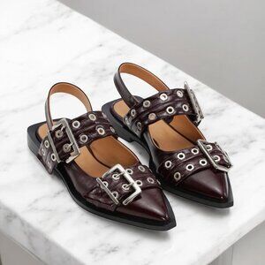 NWT Ganni Feminine Buckle Ballerinas in Burgundy